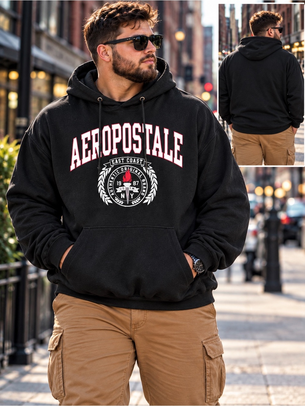 Aeropostale Black Pullover Hoodie with White and Red Chest Graphics
